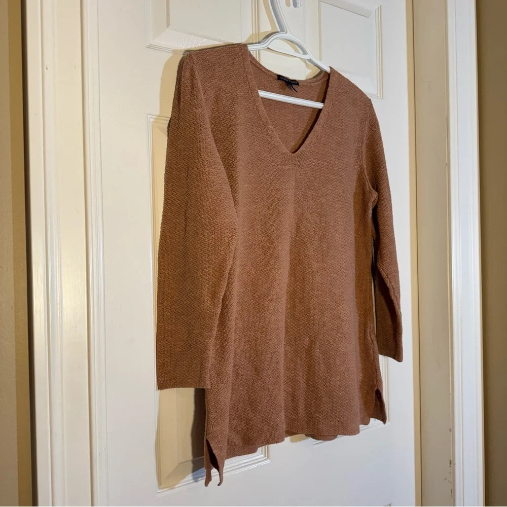 Eileen Fisher Organic Linen Cotton V-Neck Knit Top Warm Tan M, Capsule Wardrobe - Picture 4 of 9